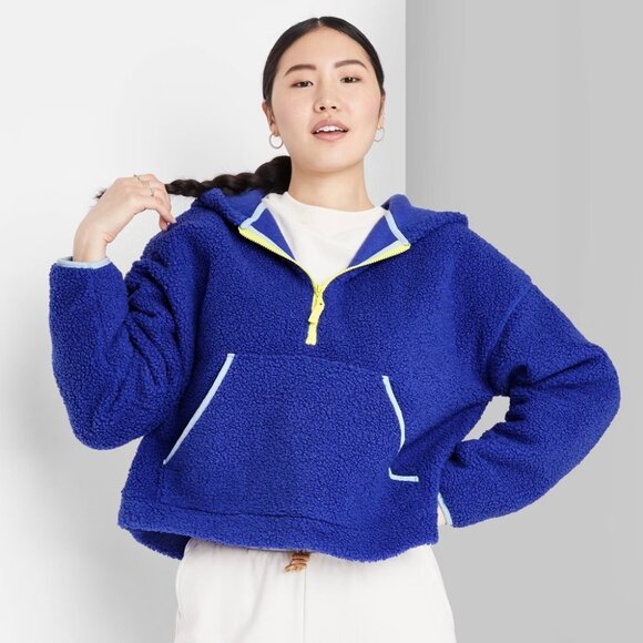 wild fable Jackets & Blazers - Wild Fable Jacket Blue Half Zip Faux Sherpa Anorak Hooded NWT